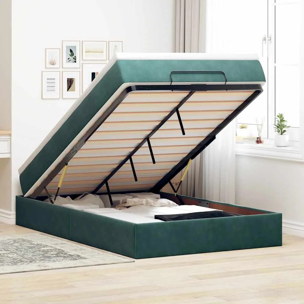 Estrutura de cama otomana com colchão verde escuro veludo
