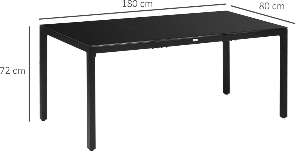Mesa de jardim retangular 180x80x72cm para 8 pessoas com tampo em vidro temperado e estrutura em alumínio preto (CADEIRAS NÃO INCLUÍDAS)