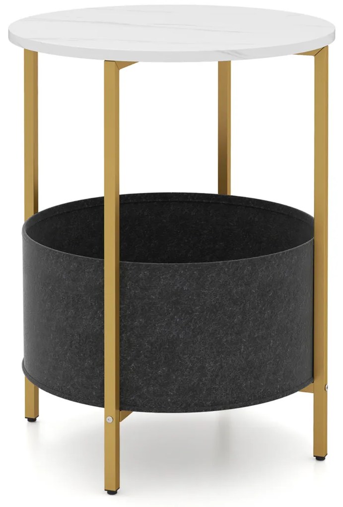 Mesa de apoio redonda 44 x 61 cm para espaços pequenos de 2 níveis com cesto de tecido Estrutura metálica Branca