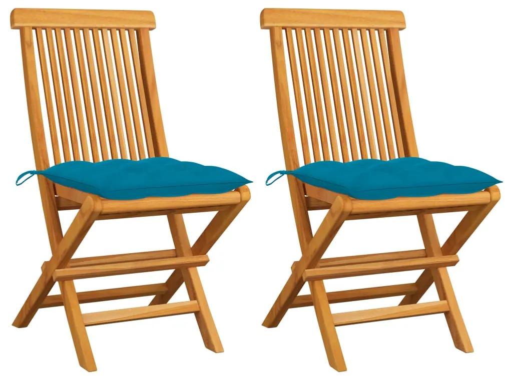 3062479 vidaXL Cadeiras de jardim c/ almofadões azul-claro 2 pcs teca maciça
