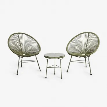 Conjunto De Sala Com 2 Poltronas E Mesa Auxiliar Em Aço E Rattan Sintético New Acapulco Verde Azeitona Intenso - Sklum