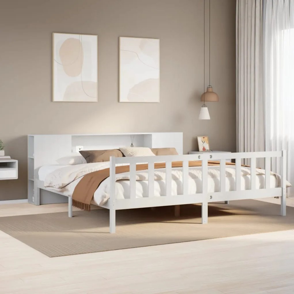 vidaXL Cama com estante sem colchão 200x200 cm pinho maciço branco