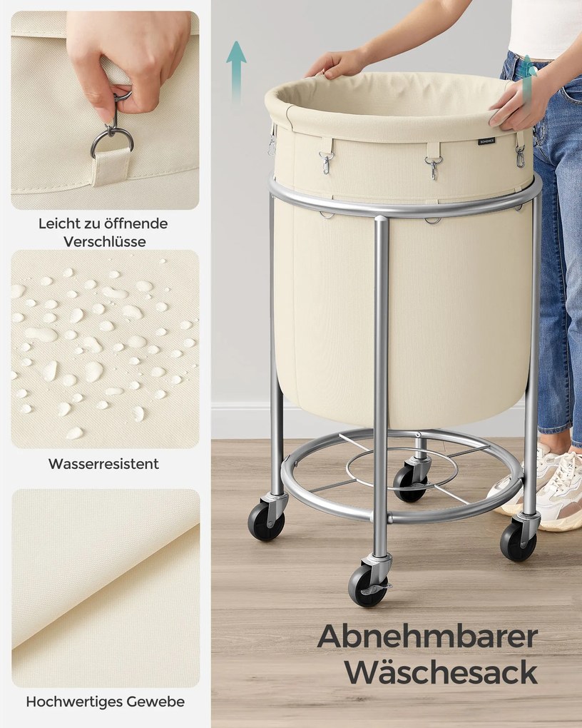 Cesto para roupa suja 110 litros com Rodas e saco para roupa suja Branco + prateado