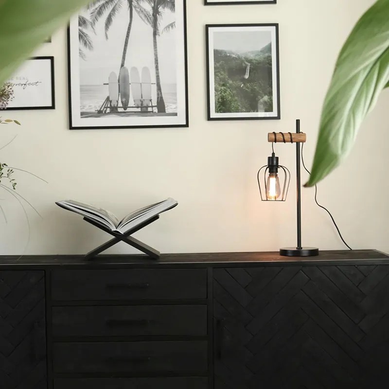 Candeeiro de mesa rústico preto com madeira - Stronk