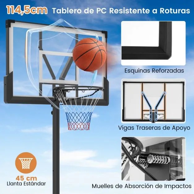 Cesto de basquetebol portátil 125-305 cm exterior ajustável para crianças/adolescentes/adultos com base Preto