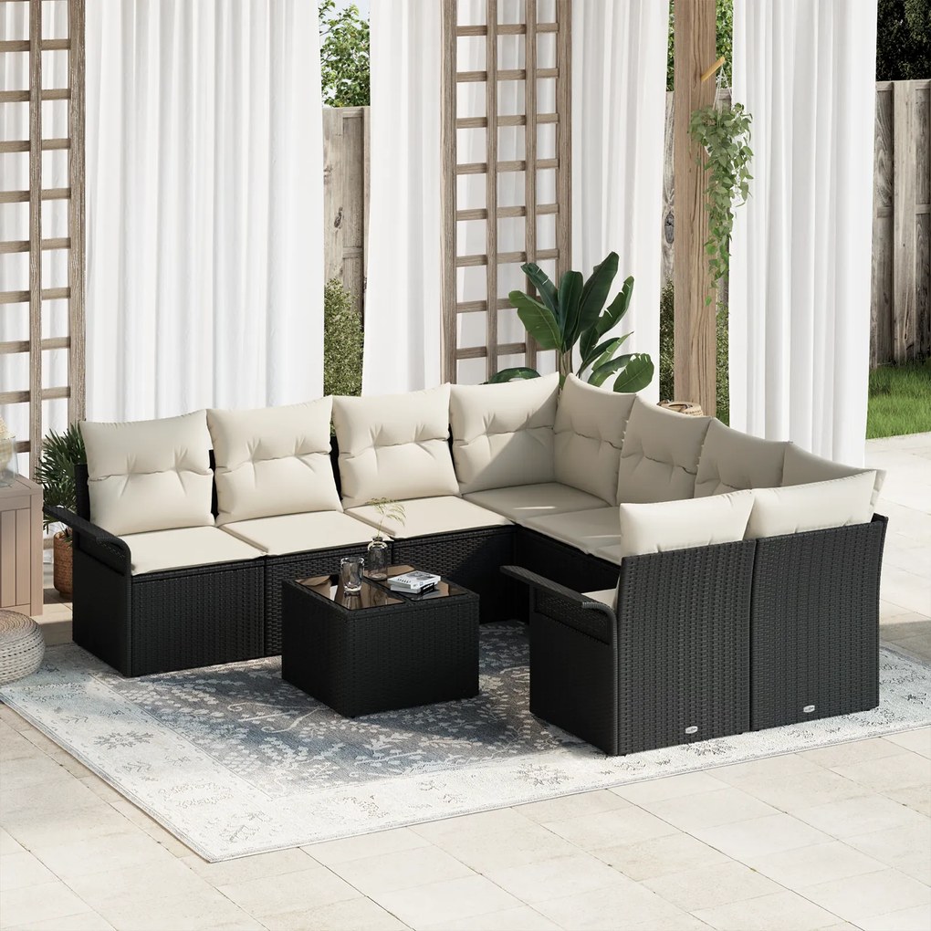 vidaXL Conjunto de Sofás de Jardim de 9 Peças com Almofadas de Rattan Poly Preto