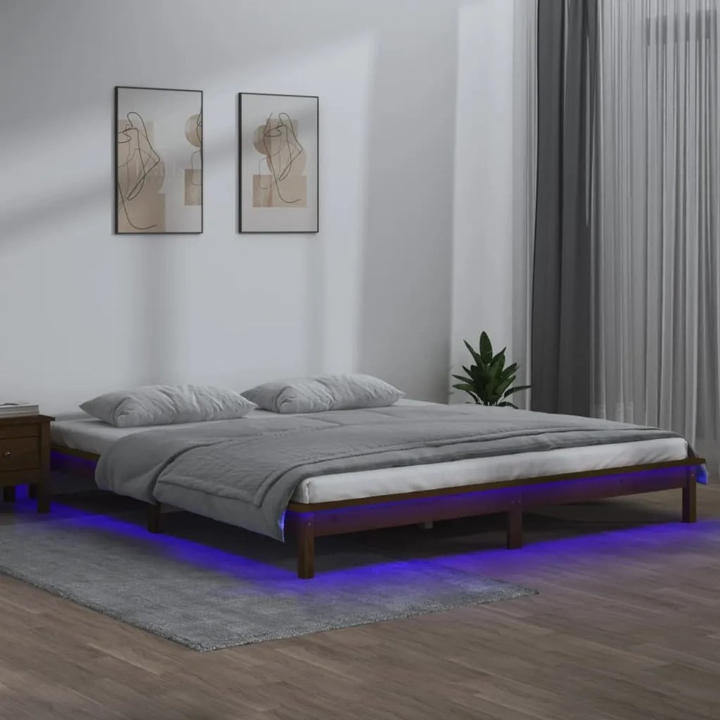 820654 vidaXL Estrutura de cama c/ LED 140x190 cm madeira maciça castanho-mel