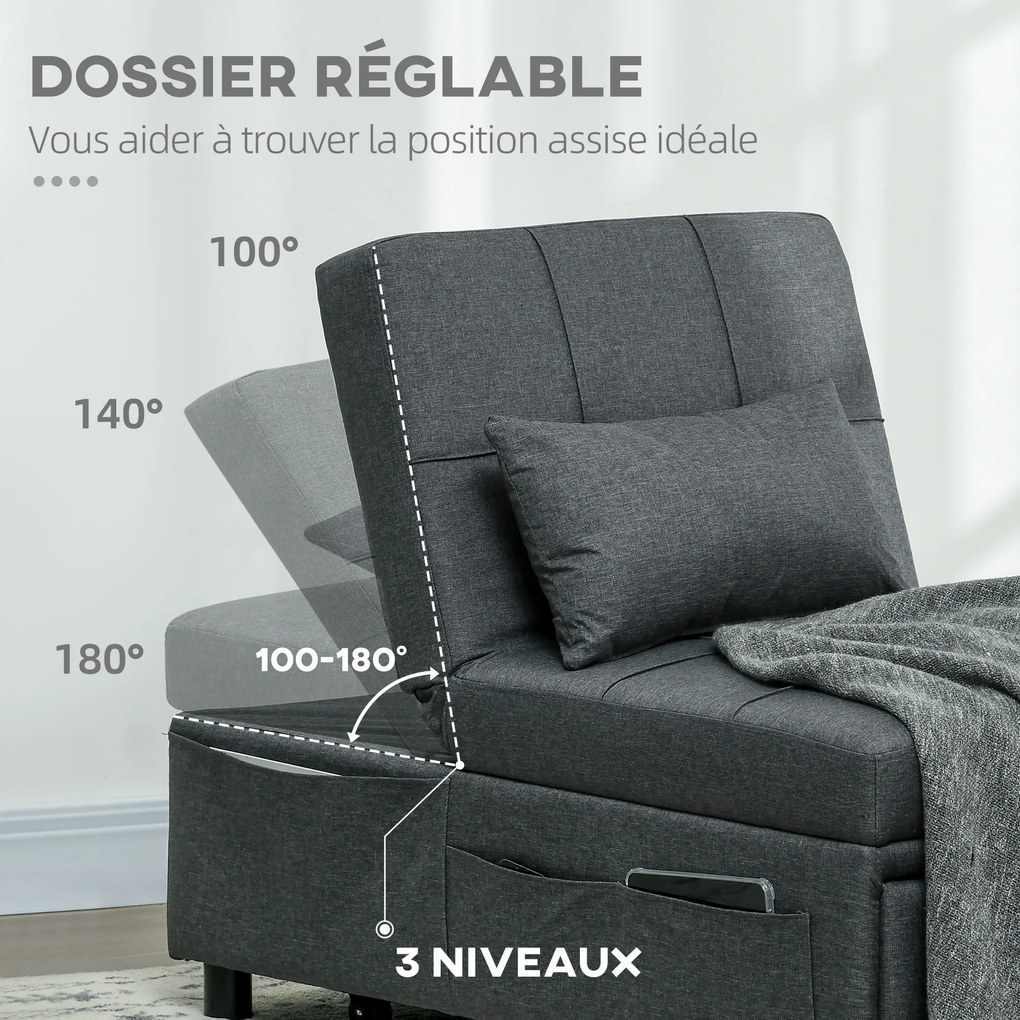 Poltrona convertível de 1 lugar, transformável em cama, com encosto ajustável, assento almofadado e almofada, cinzenta