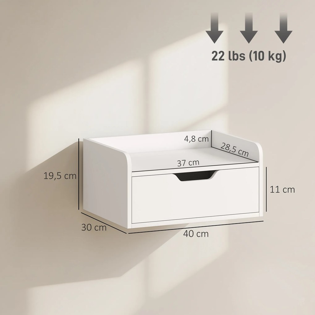 Conjunto de 2 Mesas de Cabeceira de Parede, 40 x 30 x 19,5 cm, Suspensas, Branco