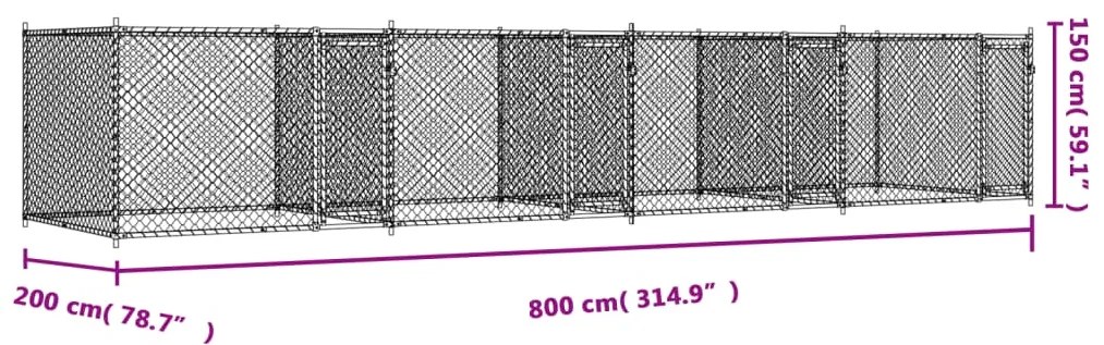 Jaula para cão com portas 8x2x1,5 m aço galvanizado cinzento