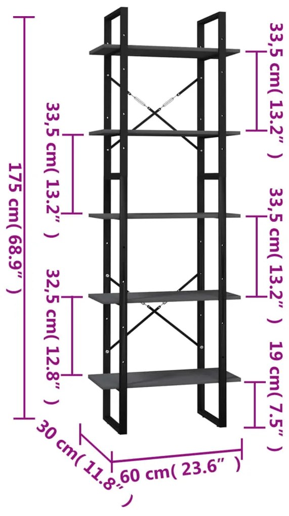 Estante com 5 prateleiras 60x30x175 cm madeira de pinho cinza