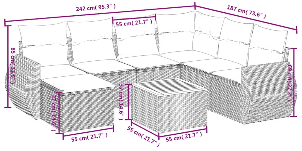 8 pcs conjunto sofás de jardim com almofadões vime PE preto