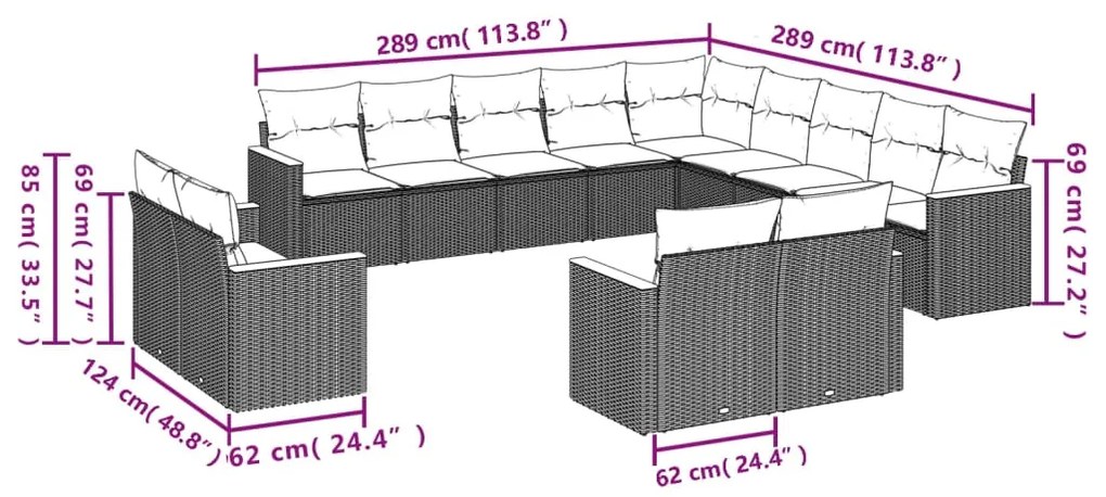 13 pcs conjunto de sofás de jardim com almofadões vime PE preto