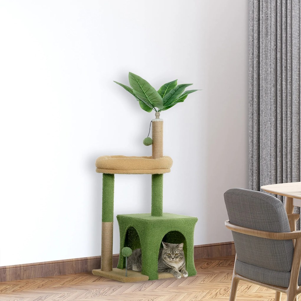 Arranhador para gatos 44 x 30 x 98 cm torre de brincadeiras com compartimentos abertos, cama, arranhadores, bolas e folhas artificiais verde