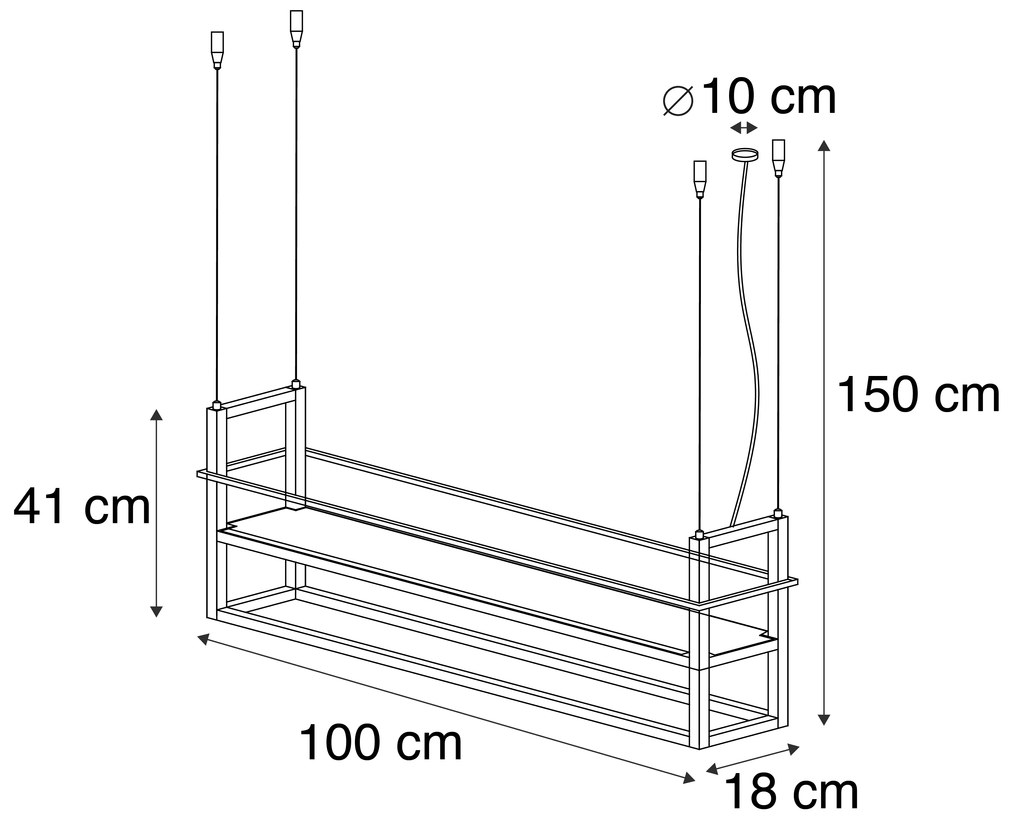 Candeeiro de suspensão industrial preto com madeira e rack 4 luzes - Cage Rack Industrial