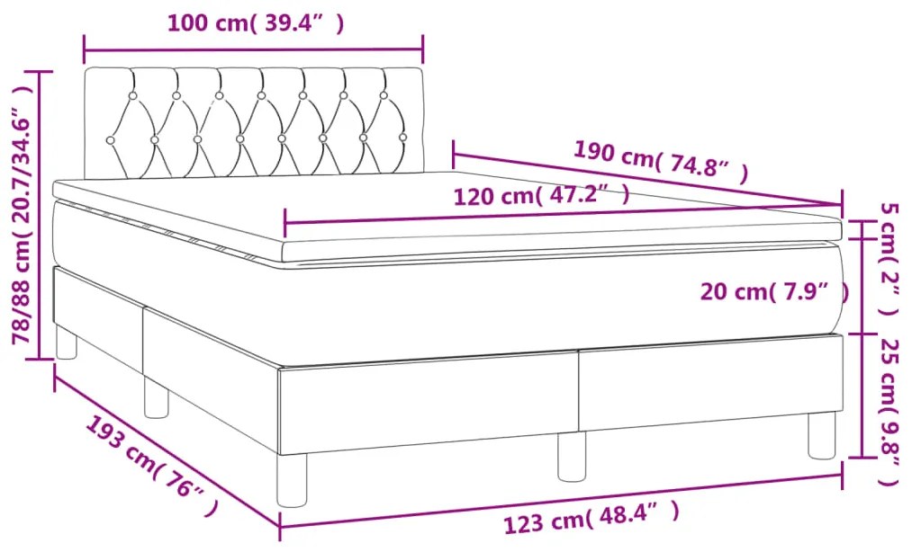 Cama box spring c/ colchão e LED 120x190 cm tecido cinza-escuro