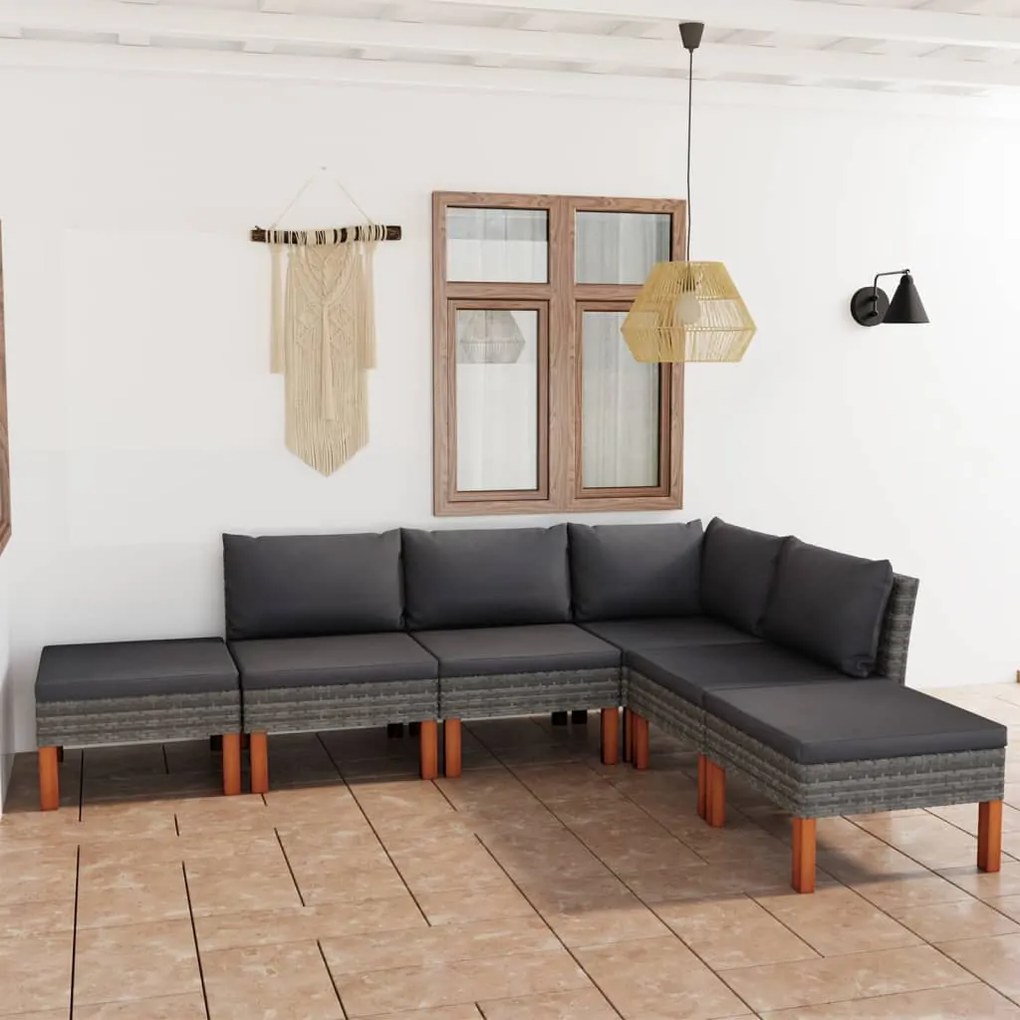 6 pcs conjunto lounge de jardim c/ almofadões vime PE cinzento