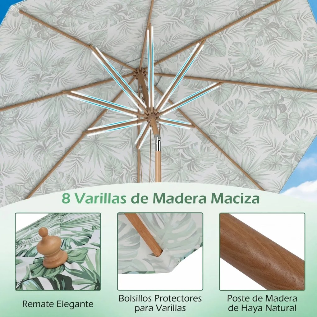 Guarda-sol de jardim de 270 cm (BASE NÃO INCLUIDA), inclinável, com mastro de 8 varas em madeira de faia, teto ventilado e roldanas, para exterior, pá