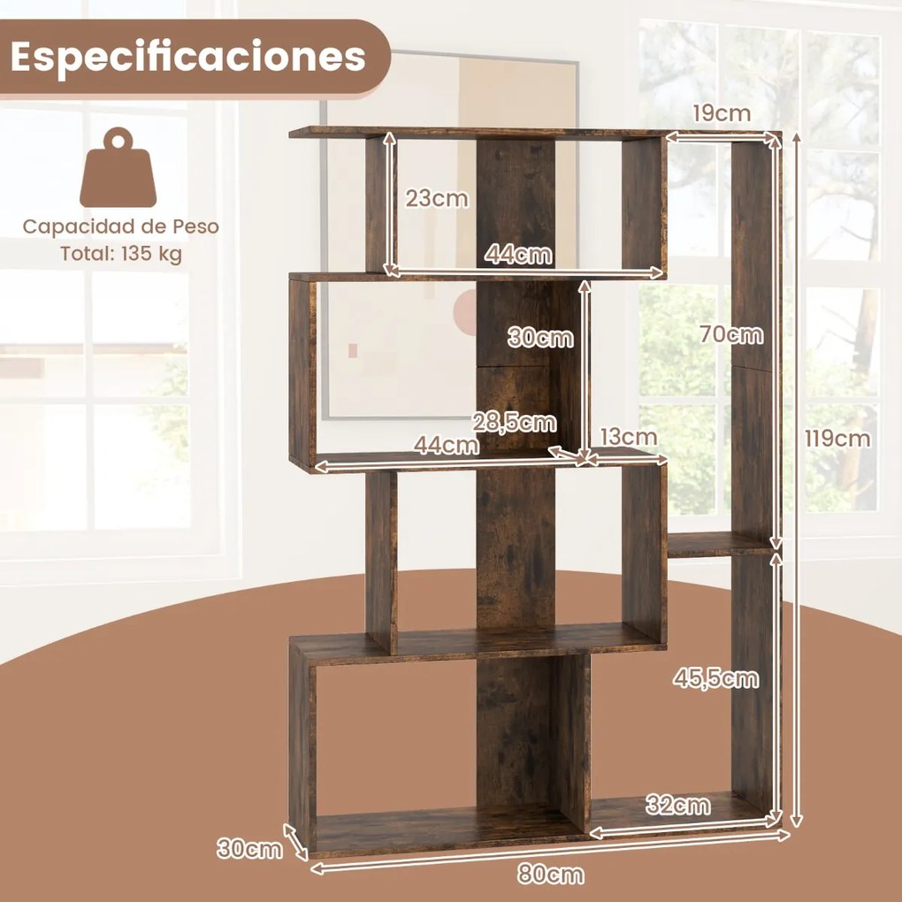 Estante em forma de S com 4 níveis, 6 compartimentos abertos e 2 dispositivos antiderrapantes para escritório ou estúdio, 80 x 30 x 119 cm, castanho