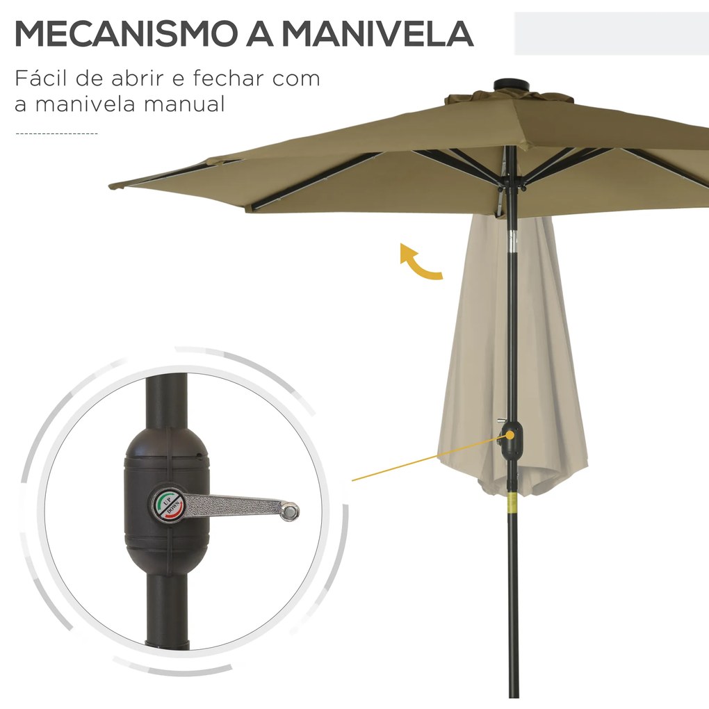 Chapéu de Sol de Jardim Ø268x238cm com 24 Luzes LED Solar Mecanismo de Inclinação para Terraço Piscina Pátio castanho