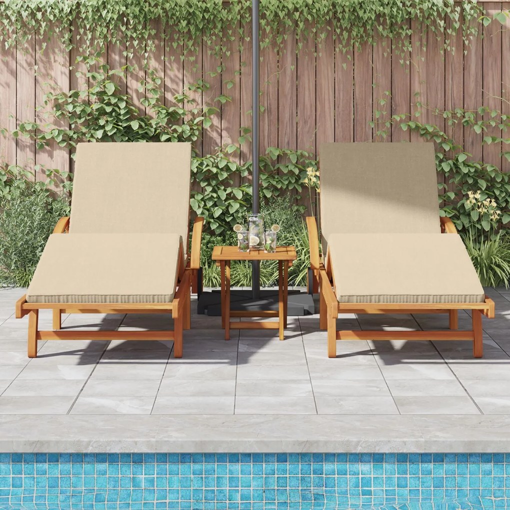Espreguiçadeiras de Sol 2 pcs com Almofadas e Rodas Bege Madeira Sólid