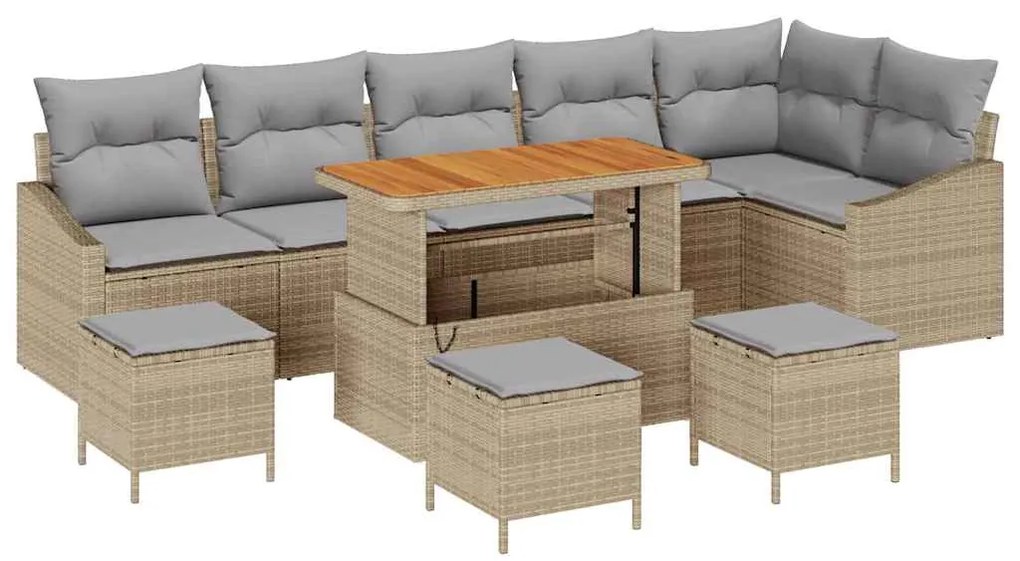 Conjunto de Sofá de Jardim de 10 Peças com Almofadas Vime Bege Acácia