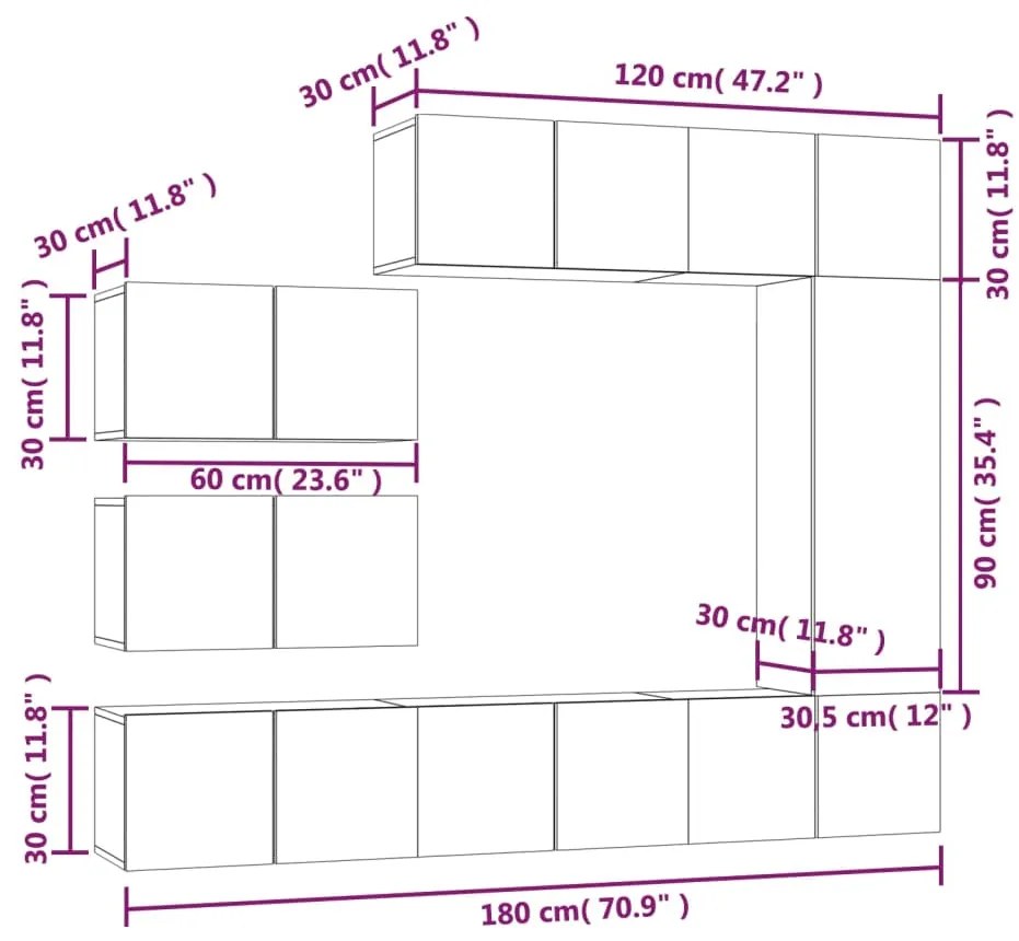 Conjunto móveis de TV 8 pcs madeira processada sonoma cinza