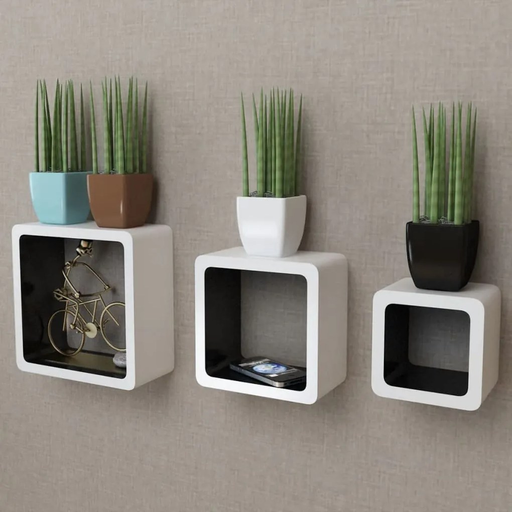 Conjunto 3 prateleiras de parede em forma de cubo MDF branco/preto