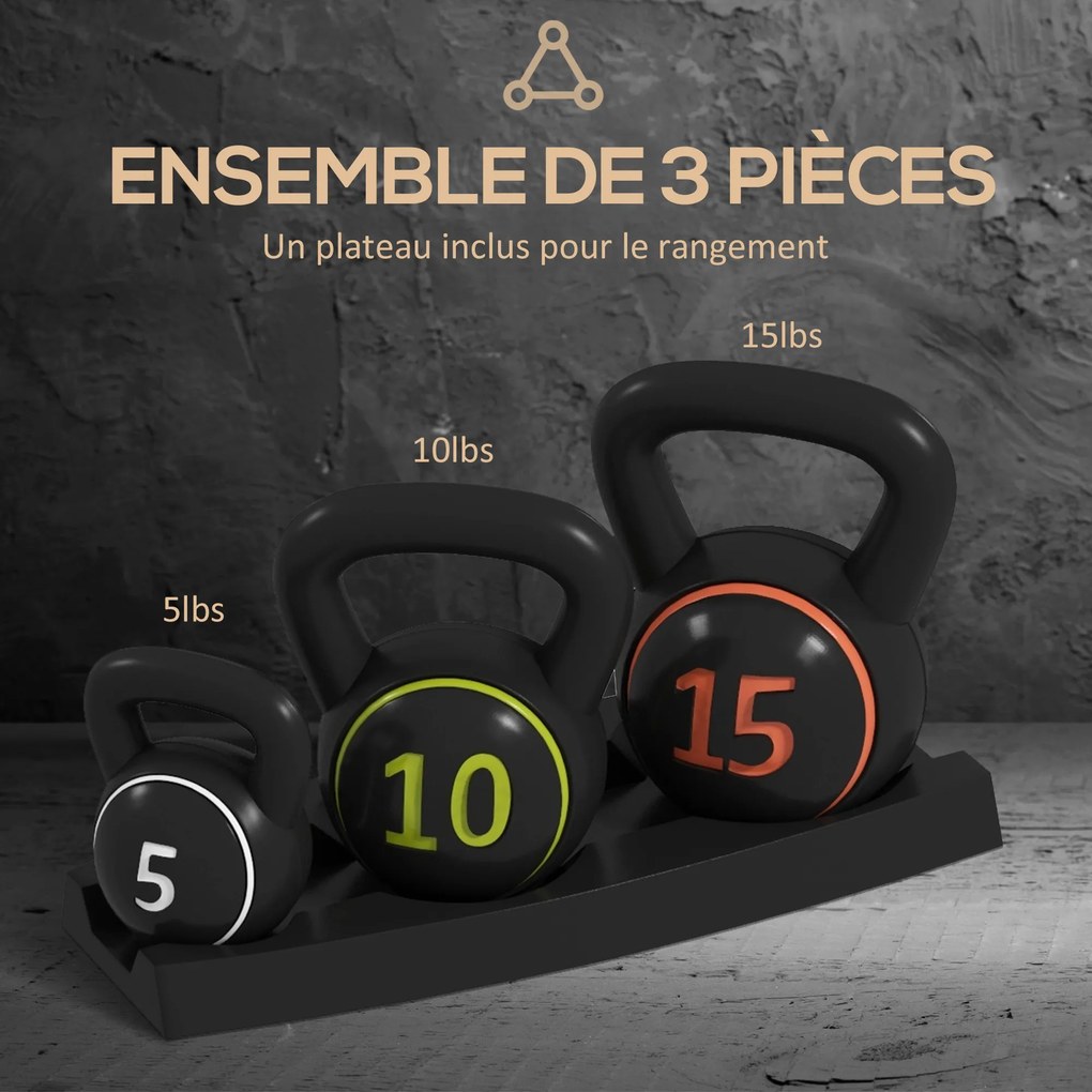 Conjunto de 3 pesos de 2,2, 4,5 e 6,8 kg com pega antiderrapante para treino desportivo e fitness, com suporte de arrumação preto