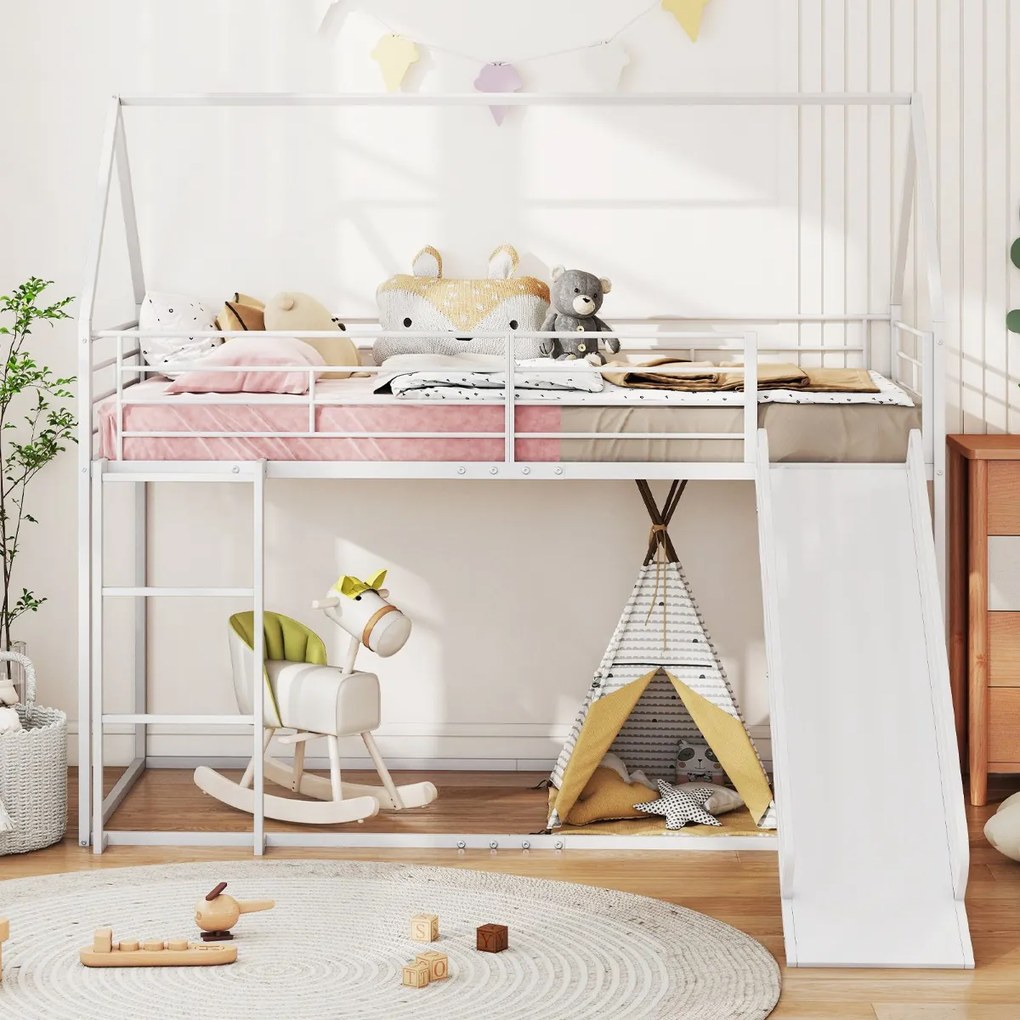 Cama Beliche Crianças 204 x 195 x 181,5 cm em forma de casa com escorrega (COLCHÃO E ACESSÓRIOS IMAGEM NÃO INCLUIDOS) com grade de segurança e escada