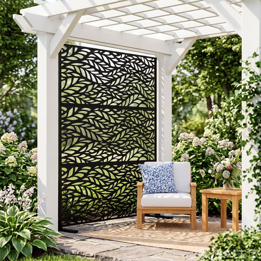 Biombo de Privacidade com Motivo de Folhas, 123 x 45 x 198,5 cm, Estrutura em Metal Galvanizado, Preto