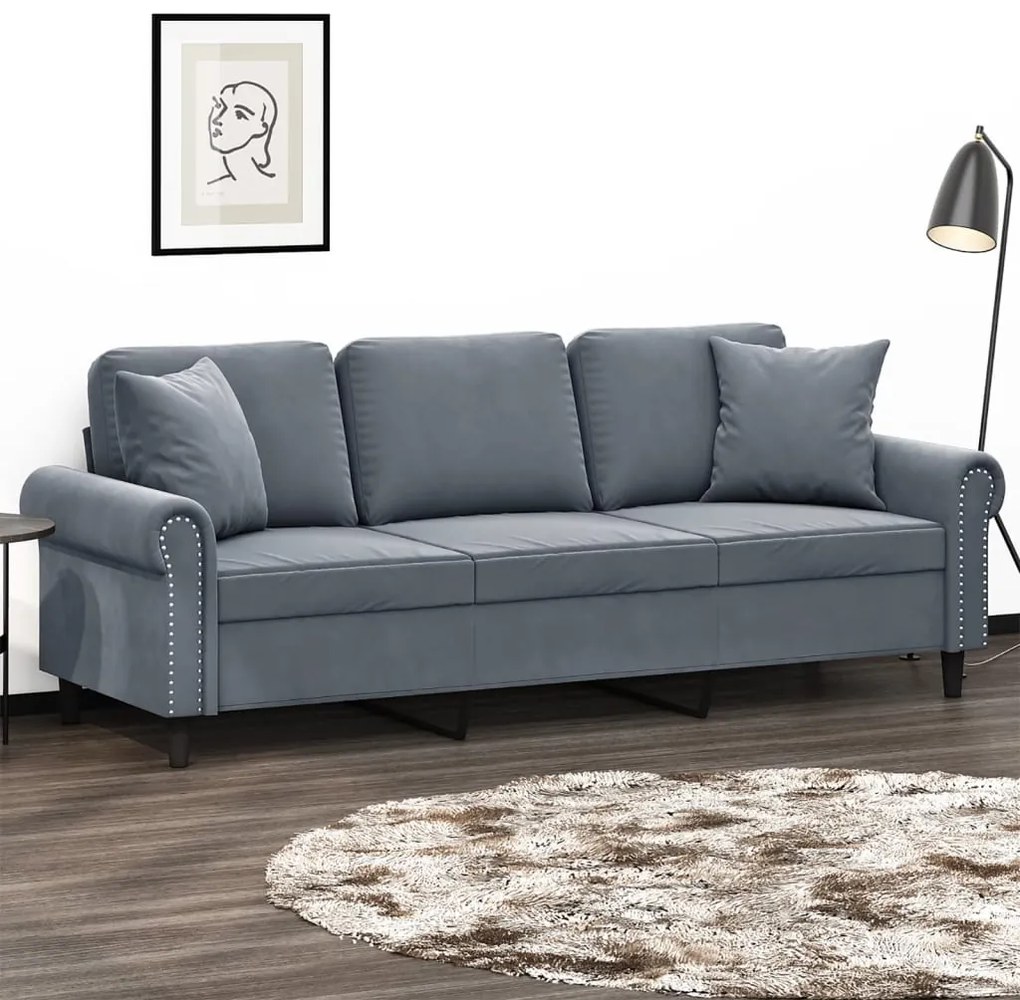 Sofá 3 lug. c/ almofadas decorativas 180 cm veludo cinza-escuro
