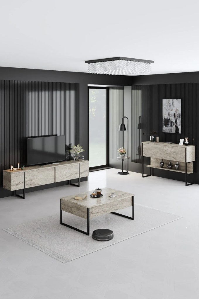 Móvel de TV "Madrid" - Travertino Mármore e Preto - 180x50x30cm - Desi