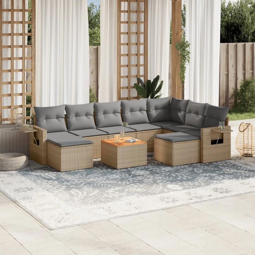 10 pcs conj. sofás jardim c/ almofadões vime PE bege misturado