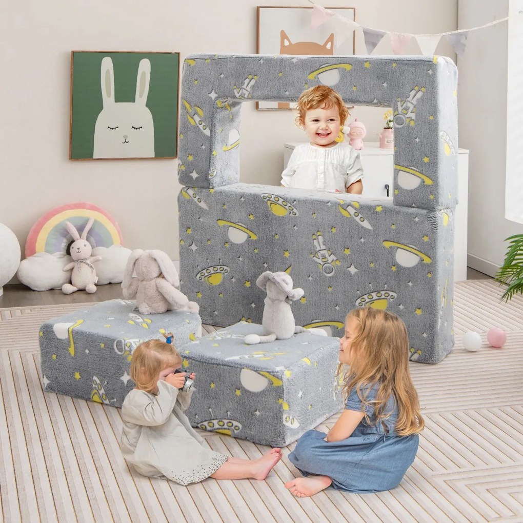 Sofá Infantil com Pufes Sofá Infantil Dobrável e Luminoso com Capa Removível e Lavável para Bebês 107 x 52 x 41,5 cm Cinza
