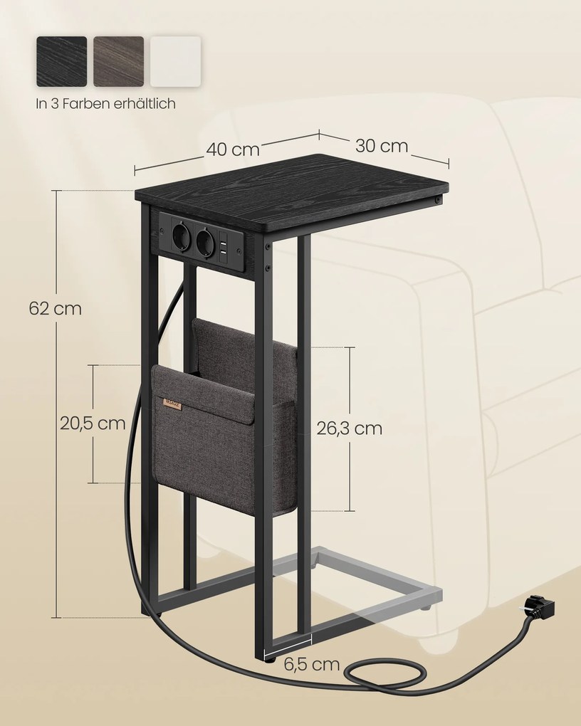 Mesa de apoio em forma de C com 2 tomadas eletricas 30 x 40 x 62 cm preto