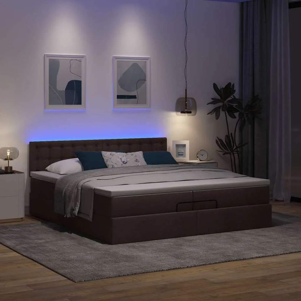 Estrutura de cama otomana com colchões tecido castanho escuro