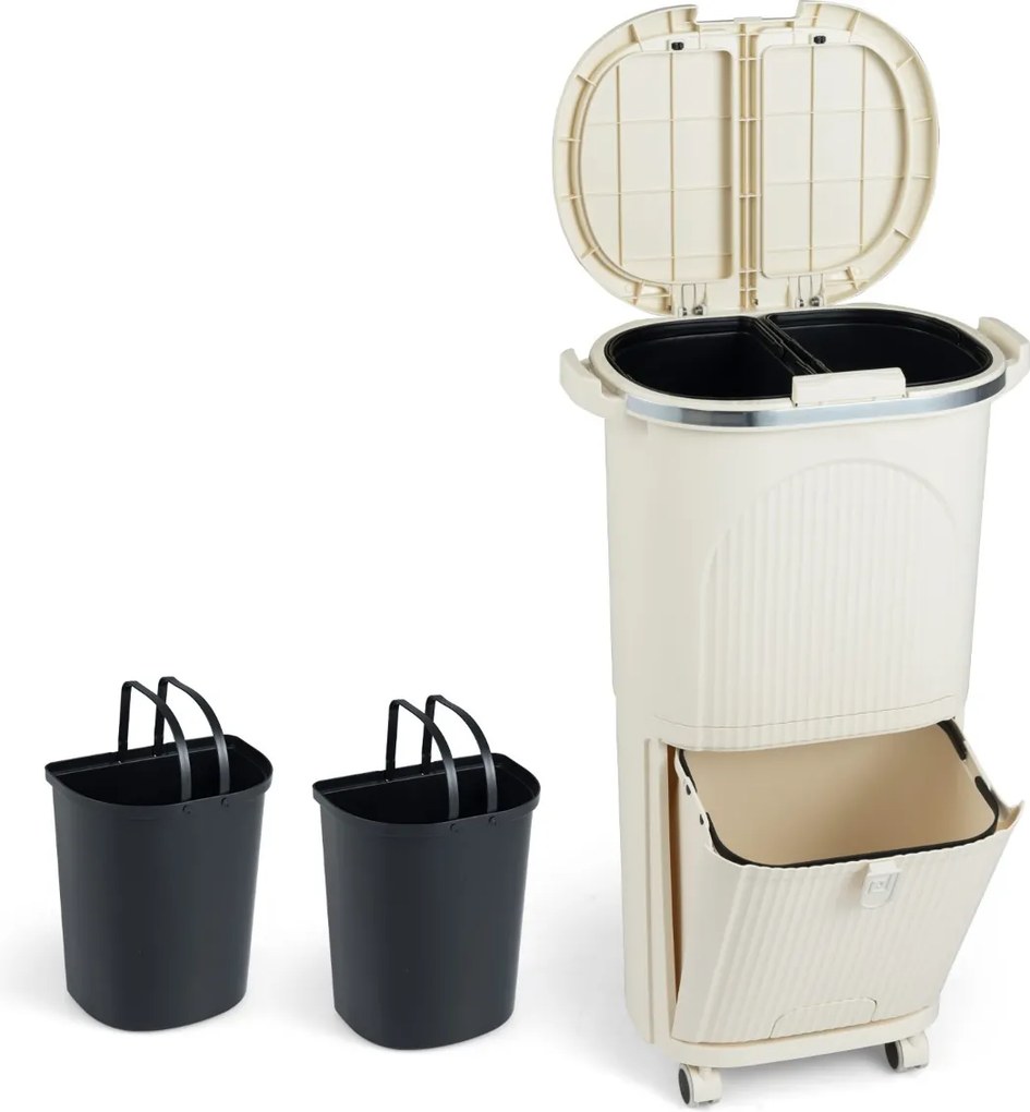 Caixote do lixo de 38 L com duas camadas, 2 caixotes removíveis, pedal e rodas para sala, cozinha e casa de banho, Bege