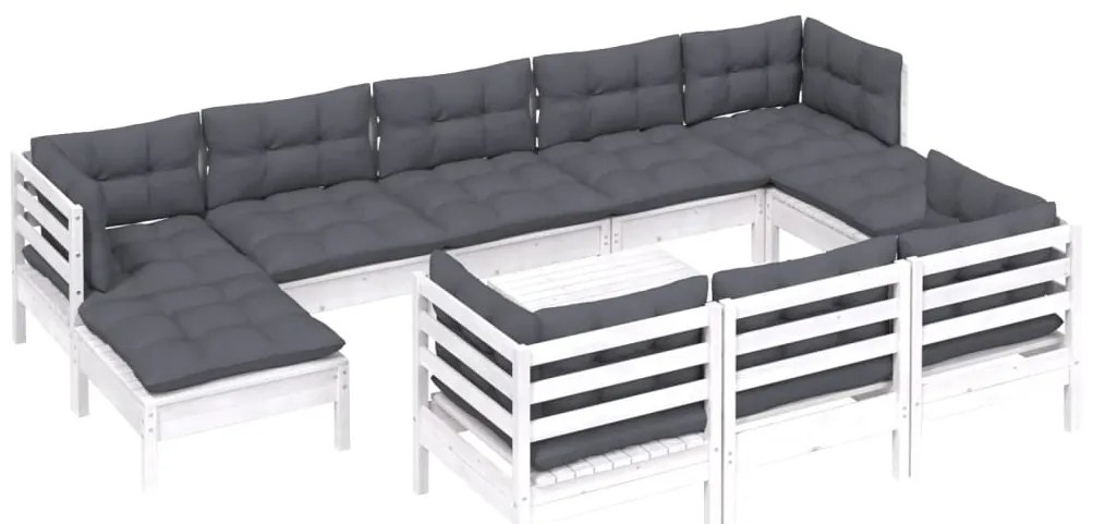 11 pcs conj. lounge de jardim c/ almofadões pinho maciço branco