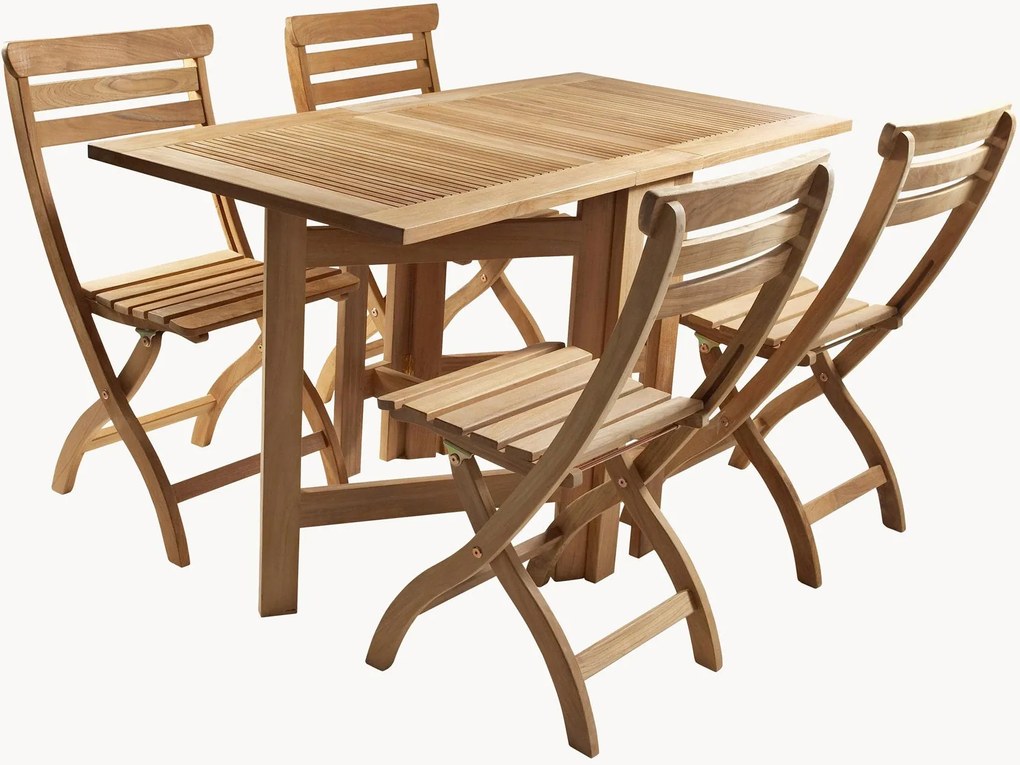 Conjunto de jantar de jardim dobrável em madeira de teca artesanal Butterfly, conjunto de 5
