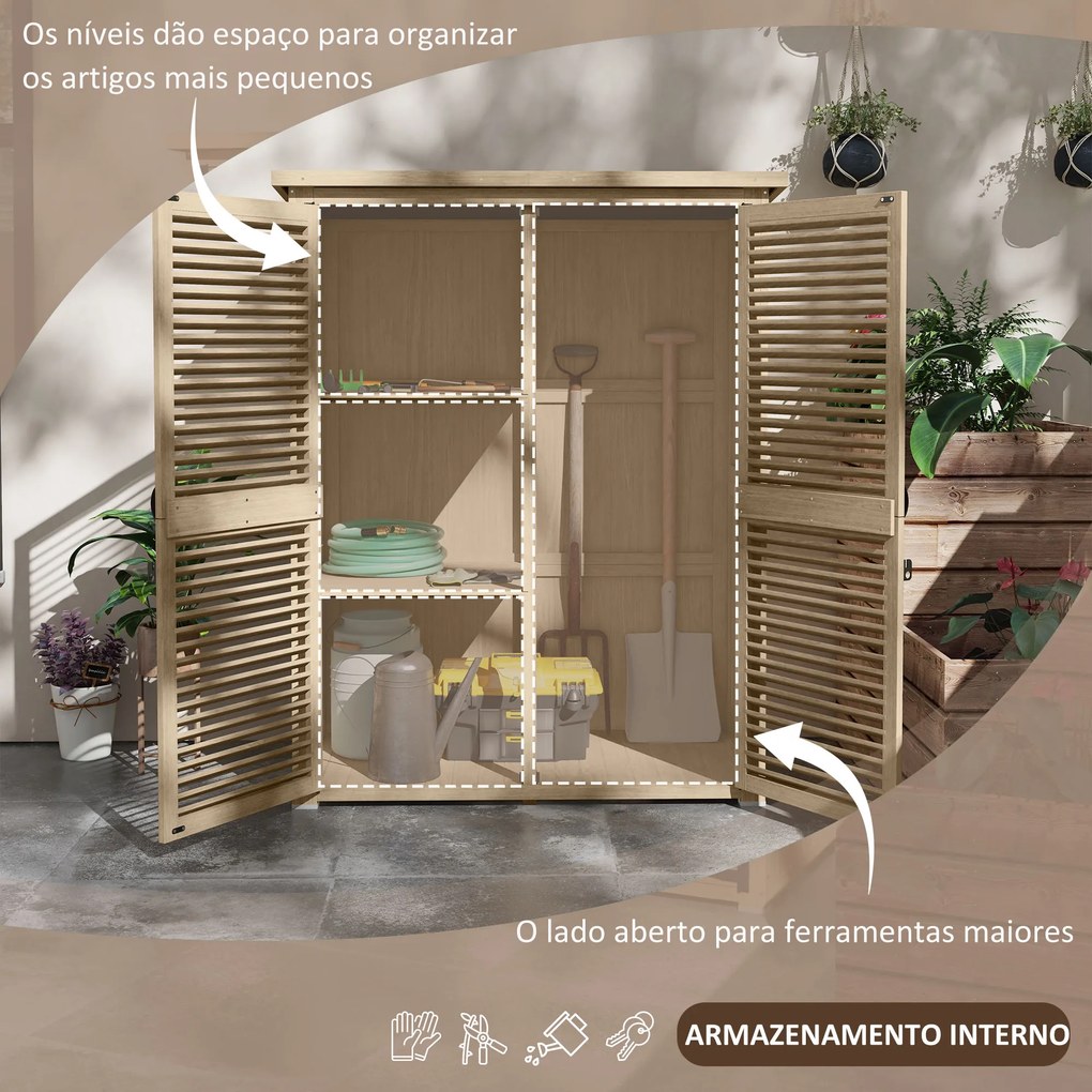 Armário de Jardim de Madeira 0,83 m² 127x65x168 cm com 2 Portas de Persiana 2 Prateleiras 2 Alças e Telhado Impermeável Natural