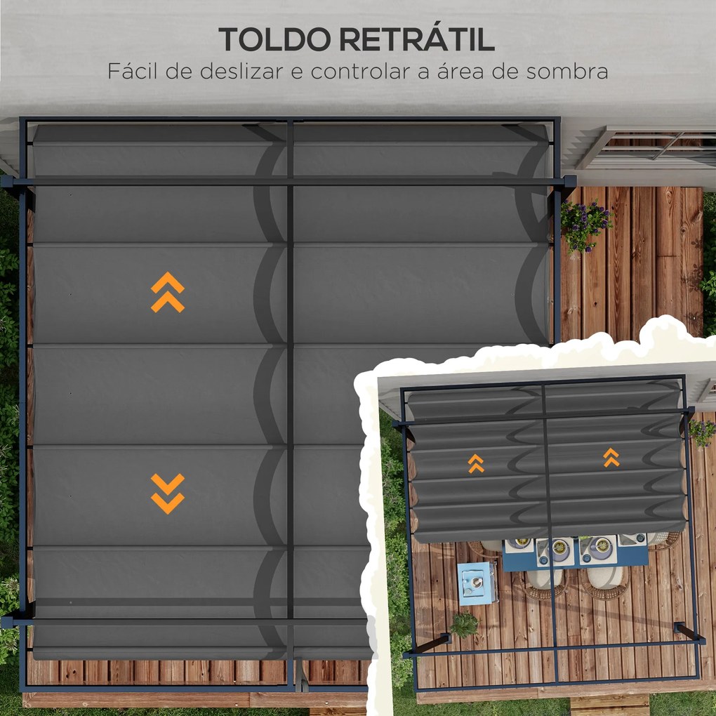 Pérgola 3x4 Pérgola de Jardim com Teto Retrátil de Poliéster e 12 Orifícios de Drenagem Cinza