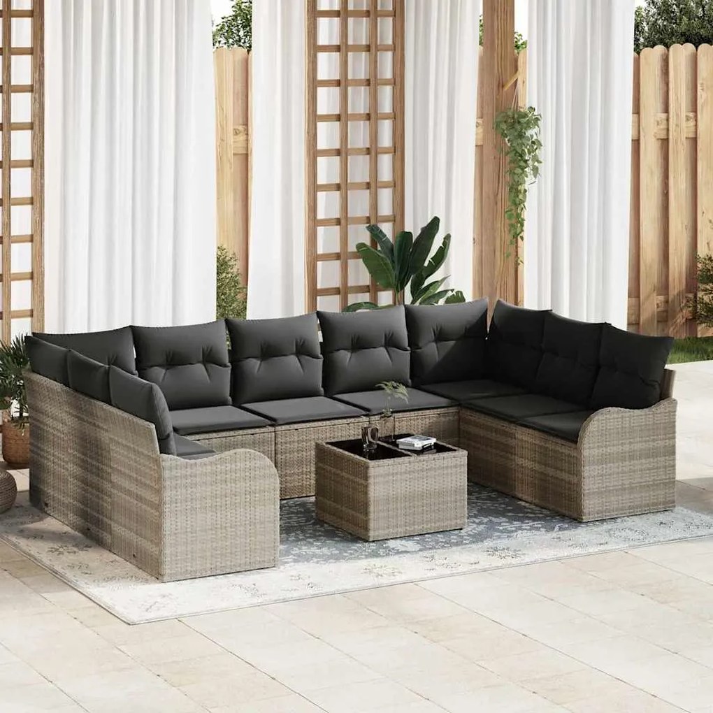 vidaXL Conjunto de Sofá pro Jardim com 10 Peças e Almofadas em Rattan Sintético Cinza.
