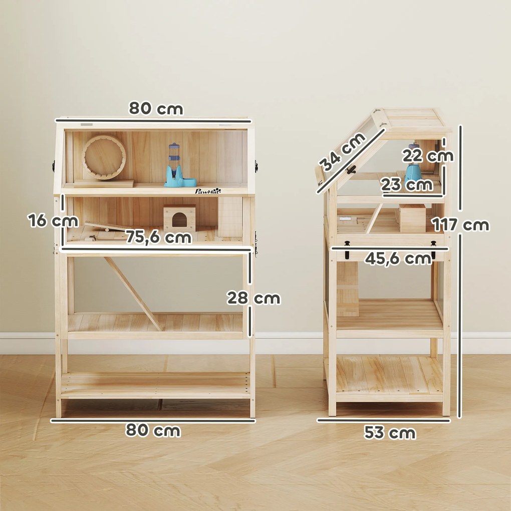 Gaiola para hamster, habitat para roedores de 3 andares com painel acrílico e roda, 80 x 53 x 117 cm, com efeito de madeira natural