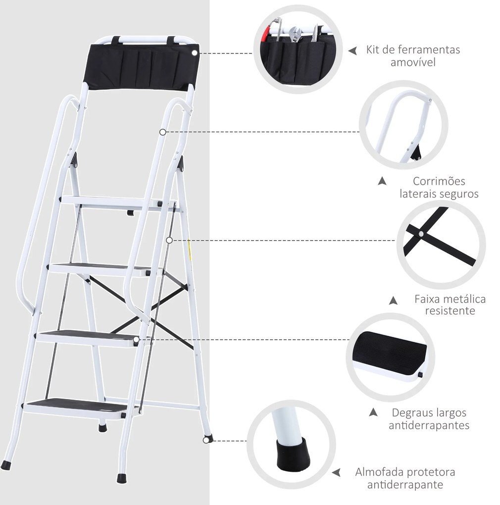HOMCOM Escada Dobrável com 4 Degraus Escada de Metal com Apoio para os Braços e Suporte para Ferramentas Carga Máxima 150 kg 50x83x155 cm Branco e Preto
