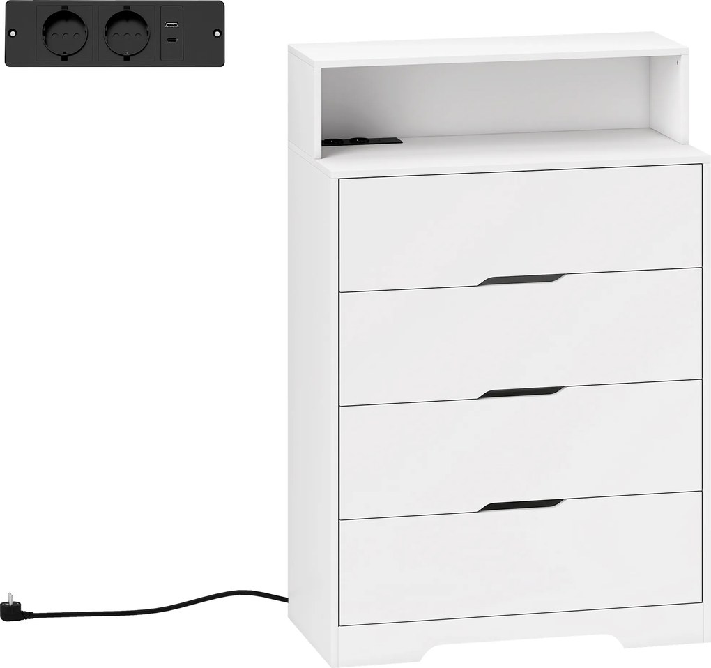 Cómoda com 4 Gavetas 80x40x120 cm e Estação de Carregamento com Porta USB Porta USB-C Prateleira Aberta 80x40x120 cm Branco