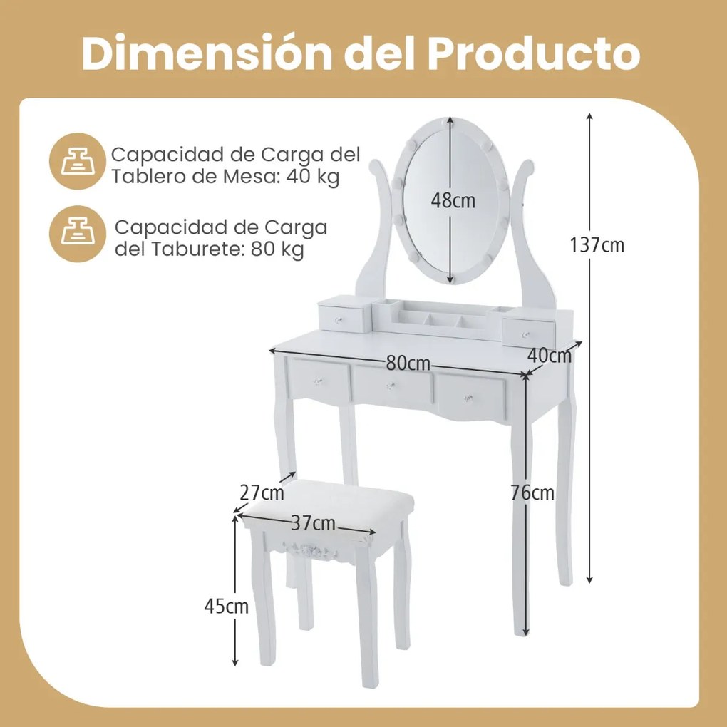 Conjunto de Toucador e Banco com Espelho Iluminado Mesa de Maquilhagem com 10 Lâmpadas LED 3 Modos de Cor Brilho Ajustável 5 Gavetas Branco