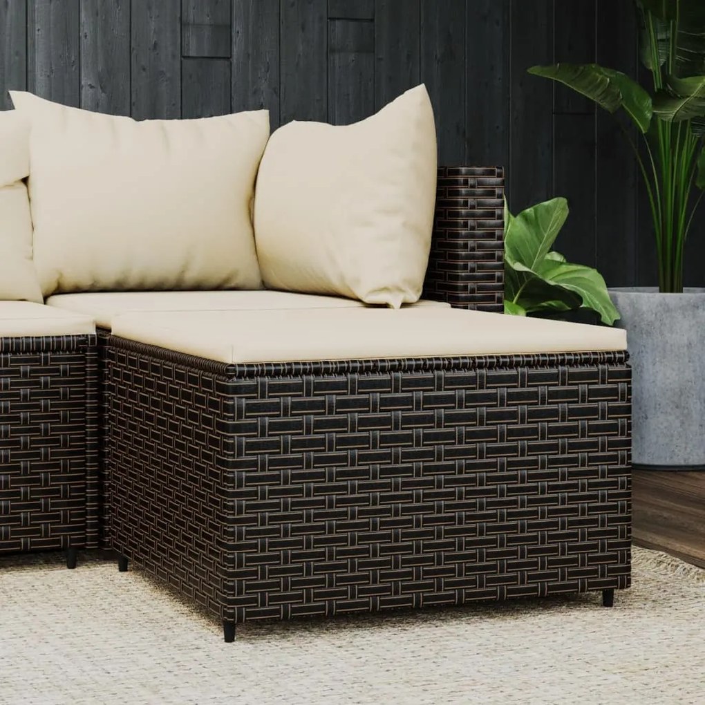 vidaXL Apoio de pés para jardim com almofadão vime PE castanho