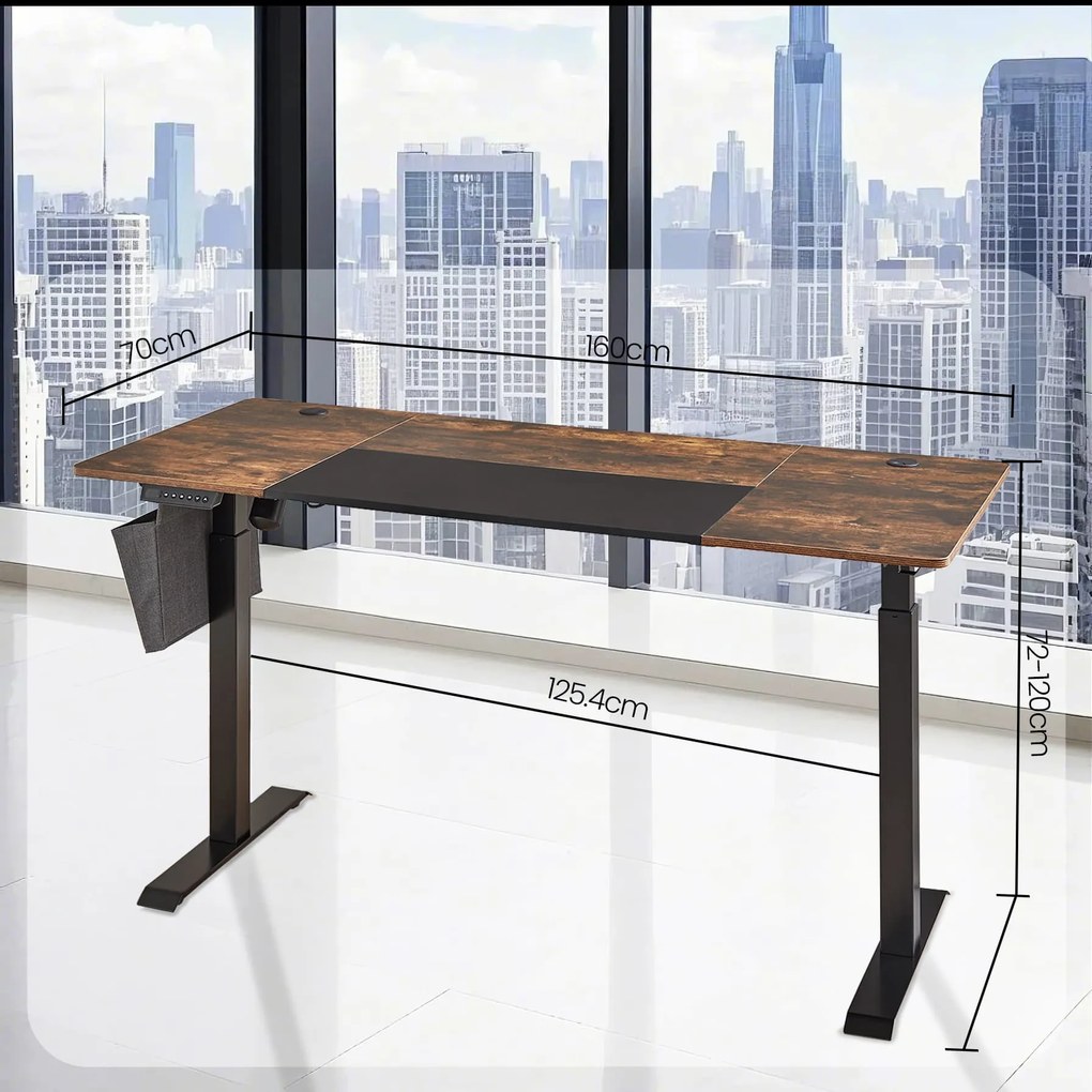 Secretária regulável em altura eléctrica 70 x 160 x (72-120) cm com base em Castanho vintage + preto