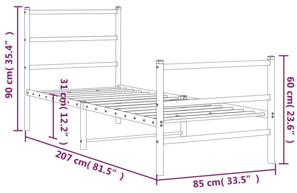 Estrutura de cama com cabeceira e pés 80x200 cm metal branco